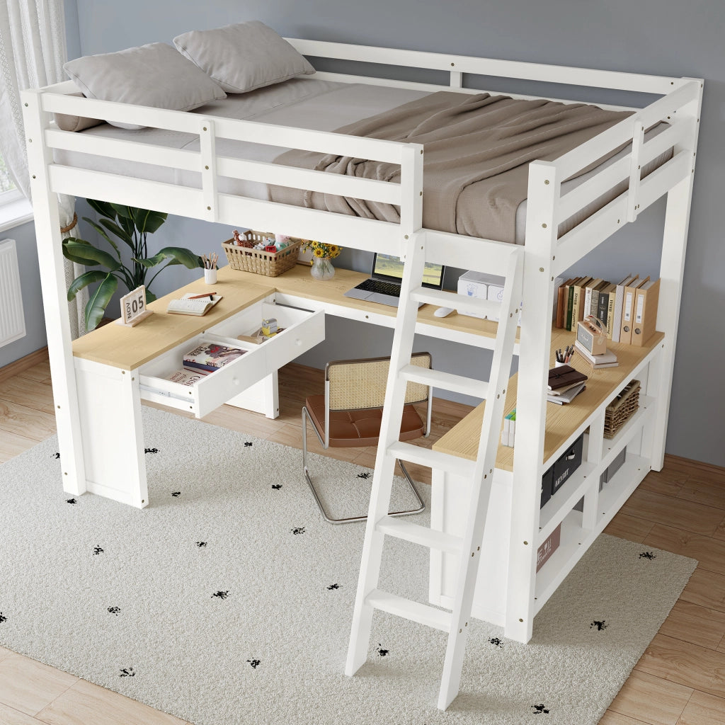 Letto a castello bambini bianco naturale con scrivania a forma di u e funzione contenitiva 140x200 cm