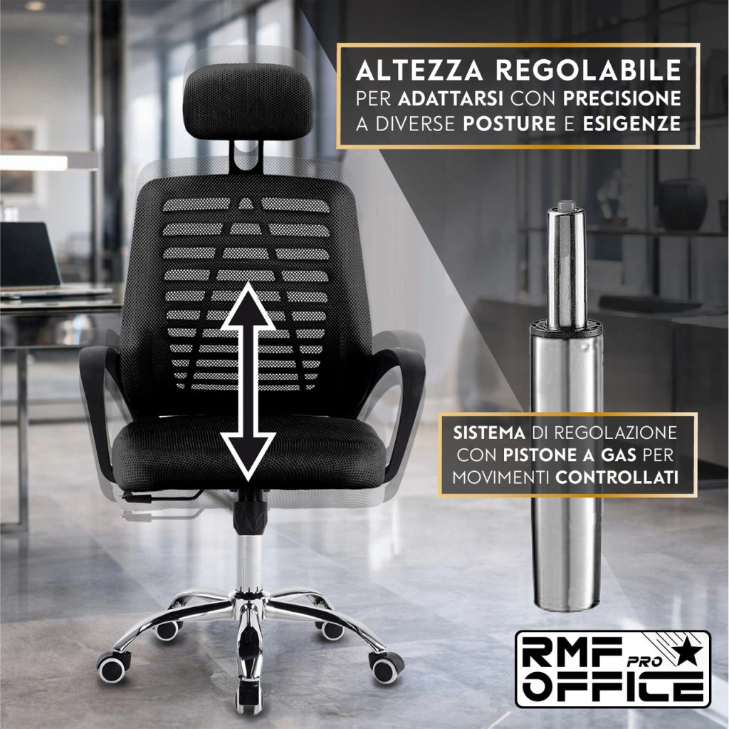 RMF Sedia Ufficio Ergonomica Professionale Reclinabile, Sedia Scrivania in Rete con Seduta Comoda e Rilassante - Poltrona Relax Ufficio con Ruote Girevoli Altezza Regolabile Nero