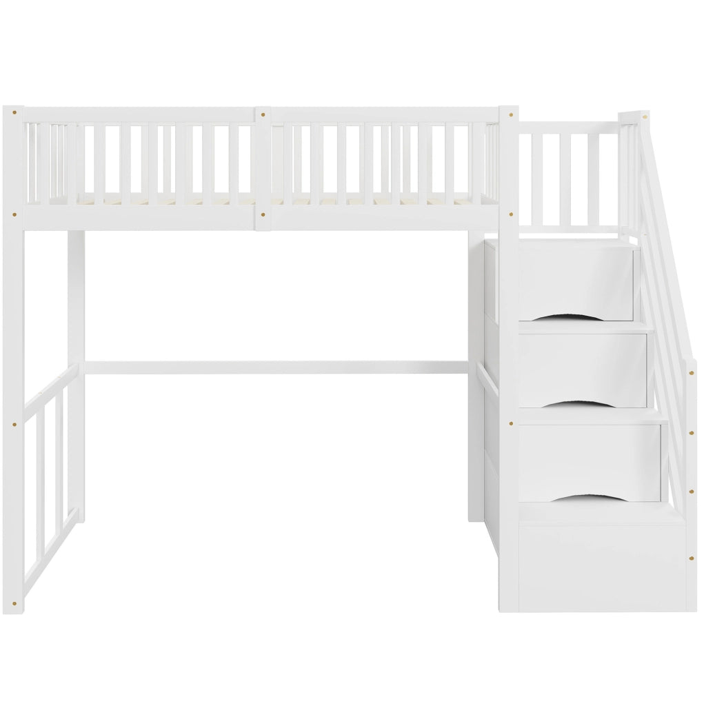 Letto a soppalco 90x200 cm con scala contenitore; legno; bianco (Senza materasso)
