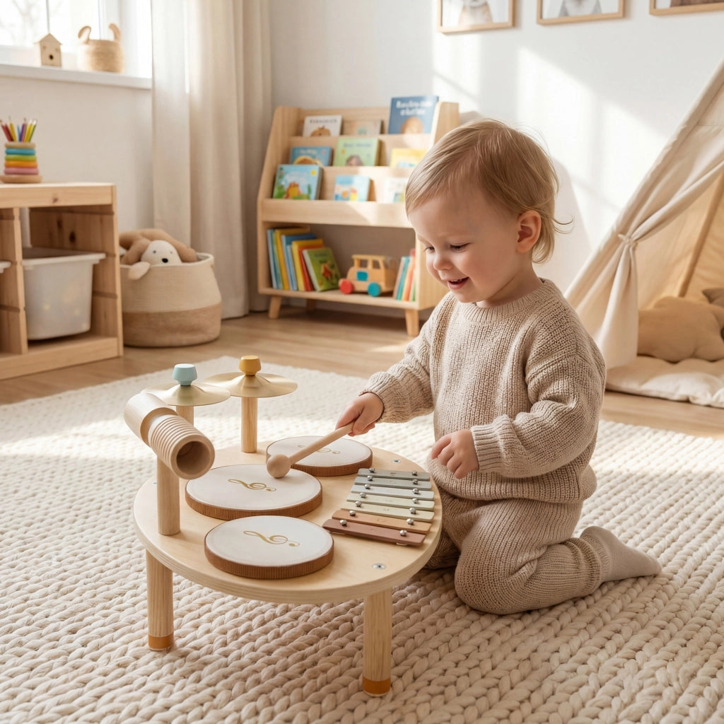 Set di Strumenti Musicali per Bambini da 2+ Anni con Tamburi e Xilofono, Colore Legno