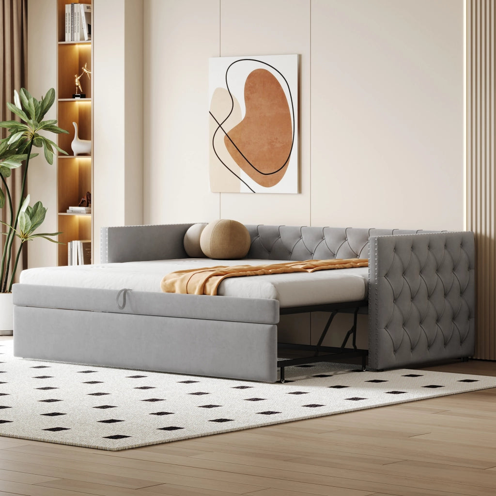 Letto estraibile singolo 90×200 cm e 90×190 cm con rete; senza materasso; velluto grigio chiaro