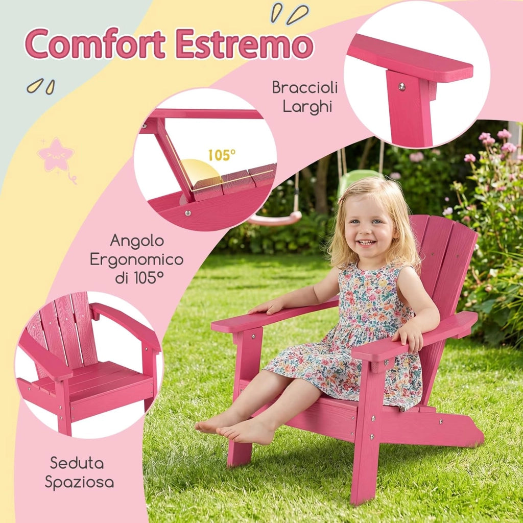 Sedia Adirondack per Bambini, Poltrona da Giardino in Plastica Resistente alle Intemperie con Schienale a Doghe Inclinato, Sedia Adirondack per Patio e Balcone, Portata 75 kg (Rosa)