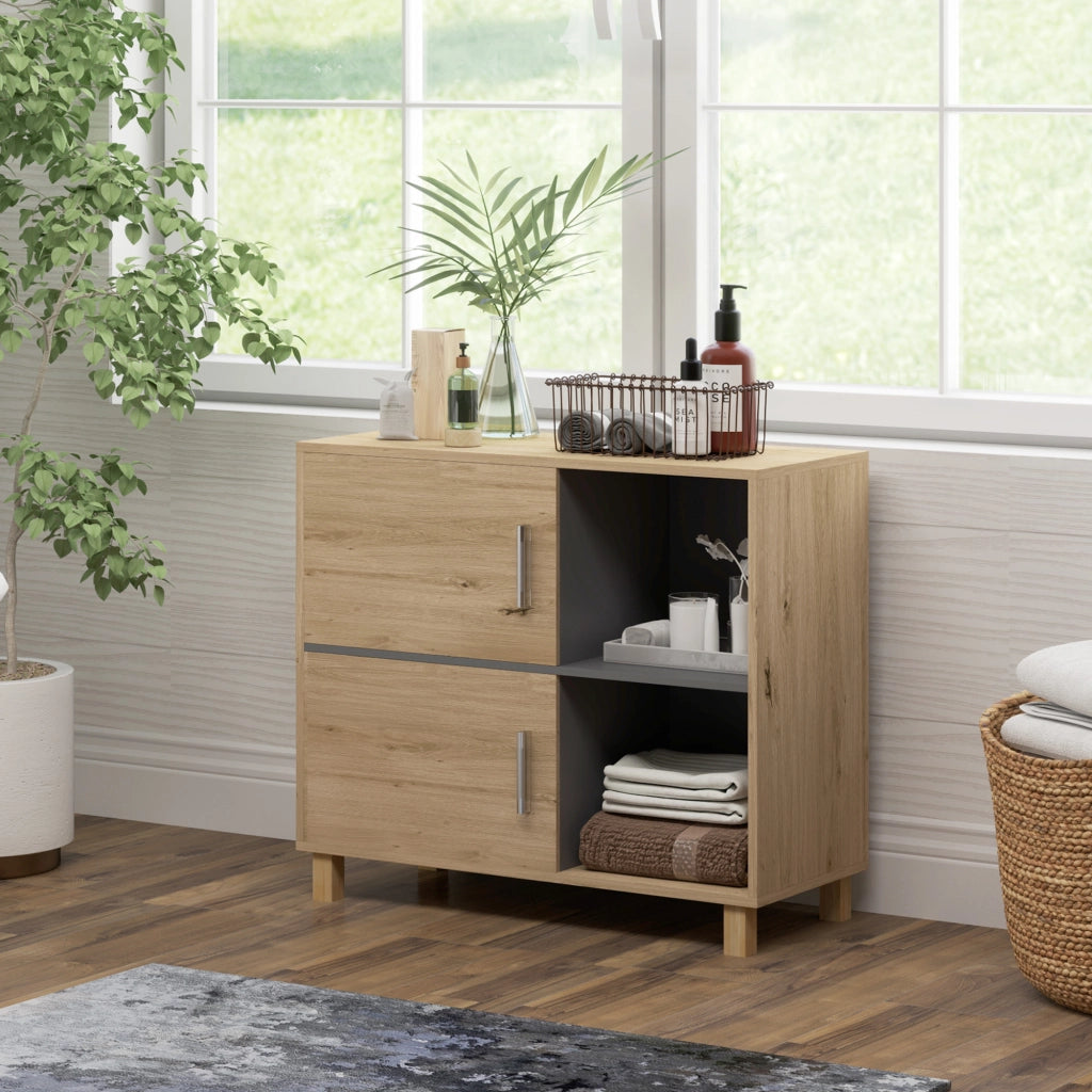 Mobile da bagno con ante e ripiani aperti ¨C Zephmum ¨C Legno naturale 80x35x70 cm