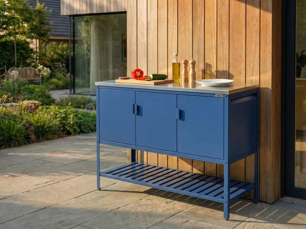 Armadietto da giardino in acciaio inox di colore blu con 3 ante giardino cucina esterno