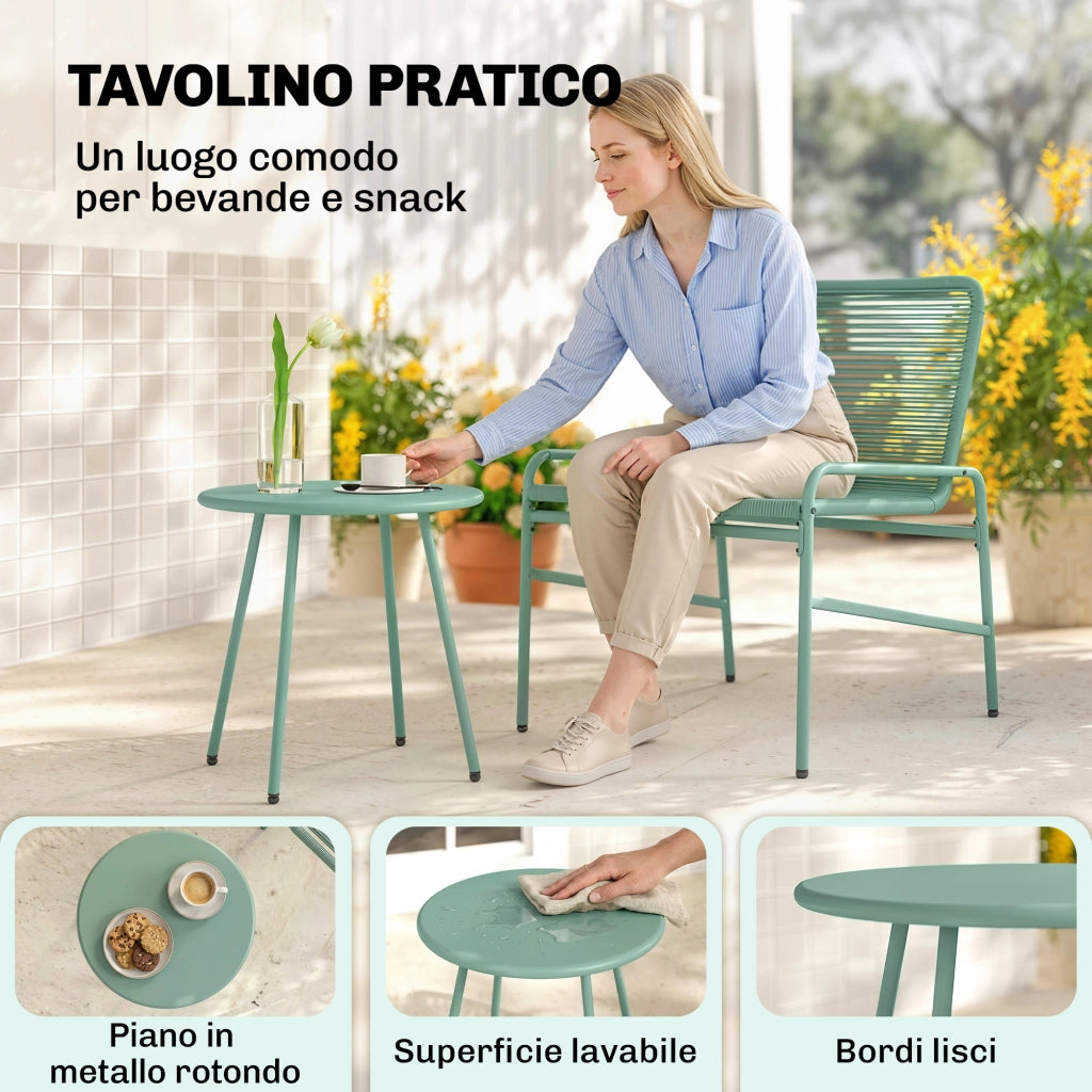Set Bistr¨° Rattan 3 Pezzi: 2 Sedie, Tavolo Rotondo Giardino, Verde.