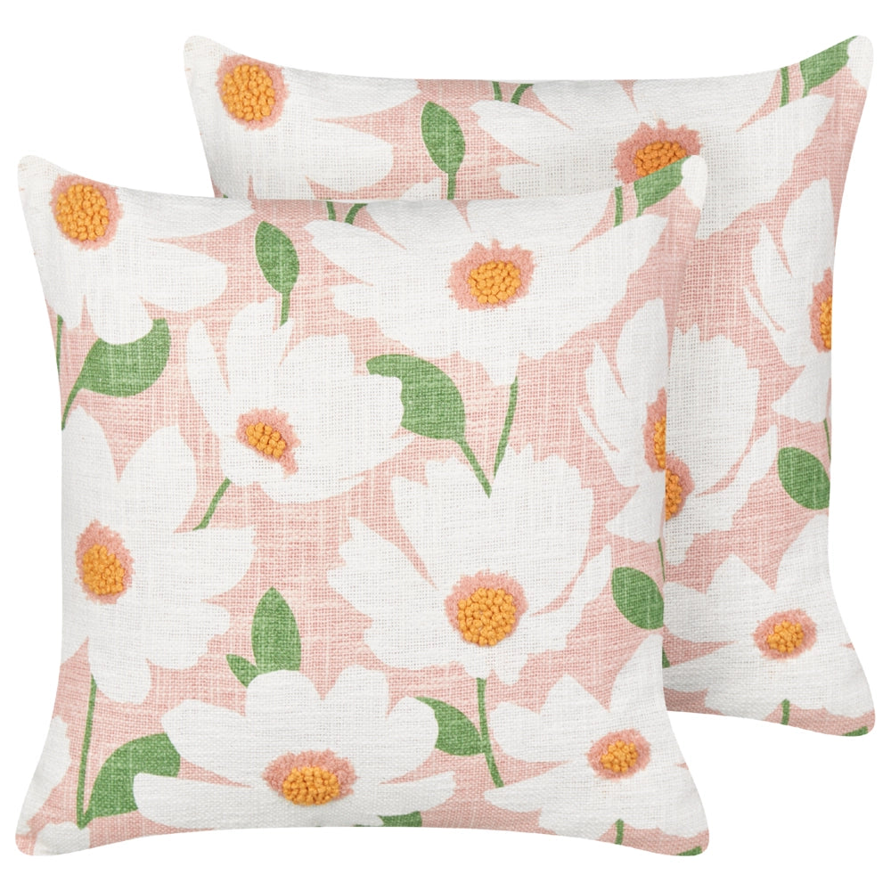 Set di 2 cuscini in cotone rosa con motivo floreale, fatti a mano e sfoderabili 45 x 45 cm con imbottitura stile boho