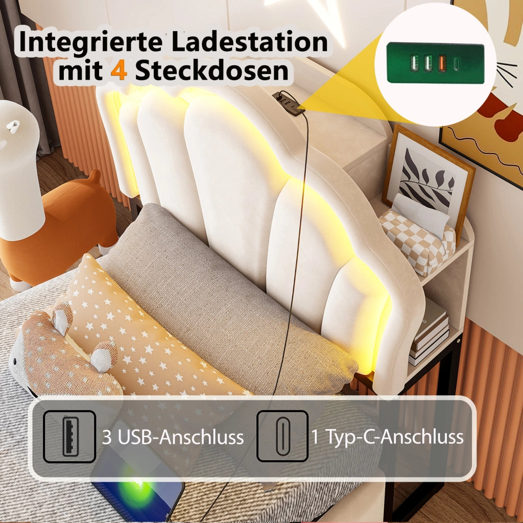 LETTO imbottito 90x200 cm in velluto beige con contenitore idraulico, LED e prese