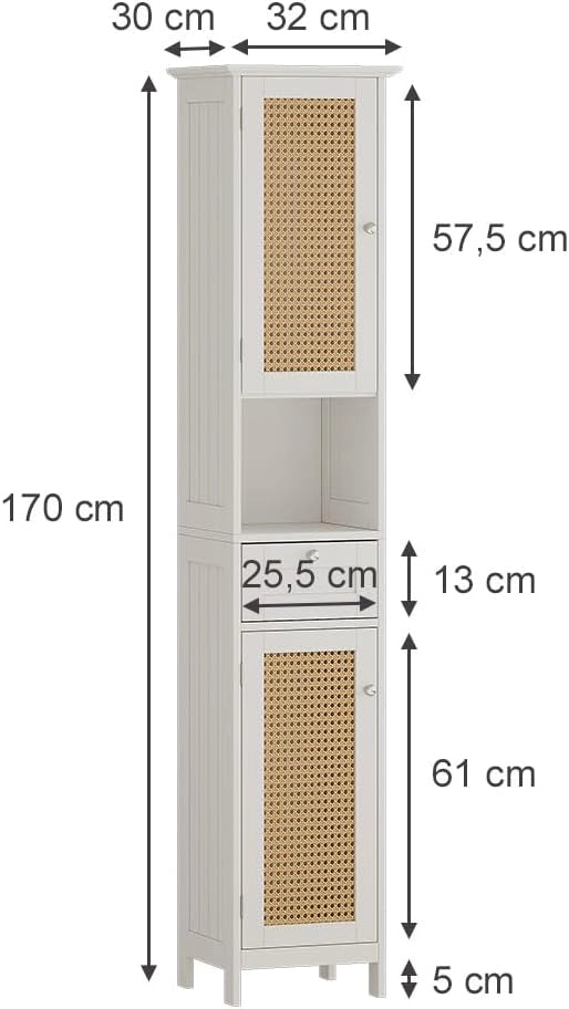 Armadio per il bagno Rosario, Bianco, 32 x 170 cm con 2 ante e cassetto, per la conservazione di articoli da bagno e asciugamani
