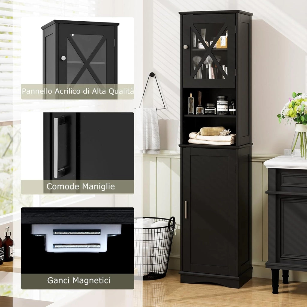 Mobile Bagno 40 x 30 x 170,5cm, Armadietto a Colonna Stretto e Alto con 5 Ripiani Regolabili e 2 Porte, Armadio da Terra in Legno per Soggiorno, Camera da Letto, Salotto e Cucina (Nero)