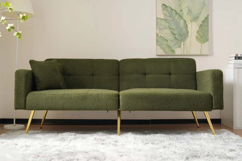 Divano Letto 2 Posti con Schienale Regolabile 105-180° e Tasche Laterali; Piedini Dorati in Tessuto Sherpa Verde Antico