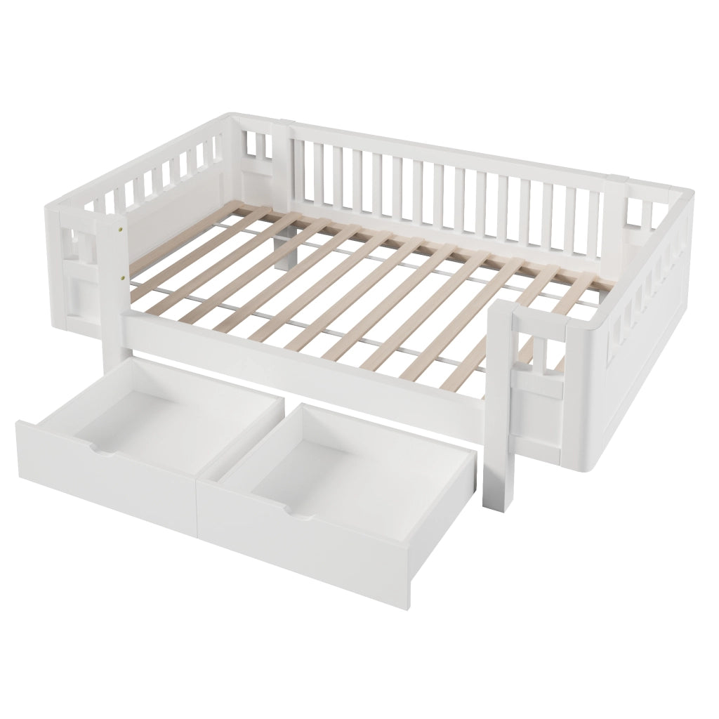 Letto singolo a piattaforma 90x200 cm con barriera alta e due cassetti; bianco