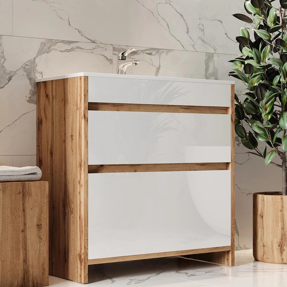 Mobiletto per lavabo Detmold, Quercia dorata, 2 parti, mobile base 80 cm, composto da mobile sottolavabo e lavabo