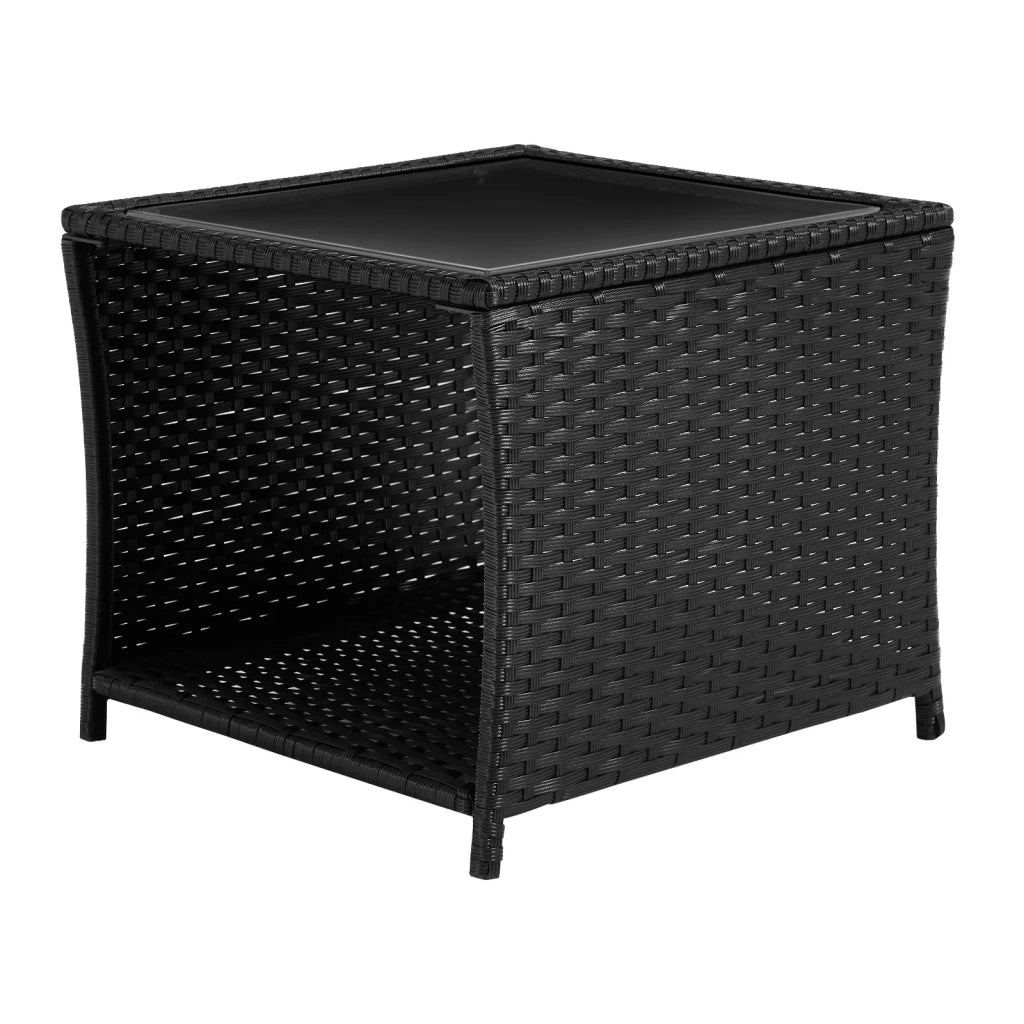 Tavolino da giardino in polyrattan con vano aperto e piano in vetro per balcone e terrazza; nero 45×45×40 cm