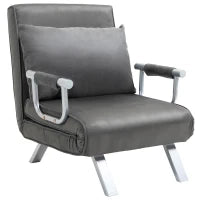 Poltrona Letto Singolo 3 in 1 con Schienale Reclinabile su 5 Livelli e Cuscino, Divano Letto Singolo Pieghevole per Soggiorno e Salotto in Pelle Scamosciata e Metallo, 65x69x80 cm, Grigio