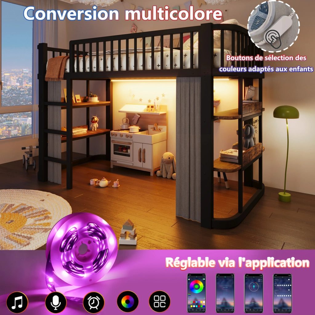 Letto a soppalco per bambini 90x200 cm con tende oscuranti; spazio inferiore modulabile; mensole e LED; metallo nero