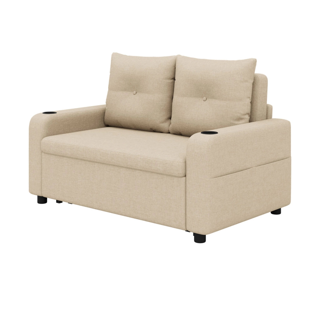 Divano Letto 3-in-1 Beige con Porta Bicchieri, Tasche Laterali, Cuscini e Porta USB, 2 Posti