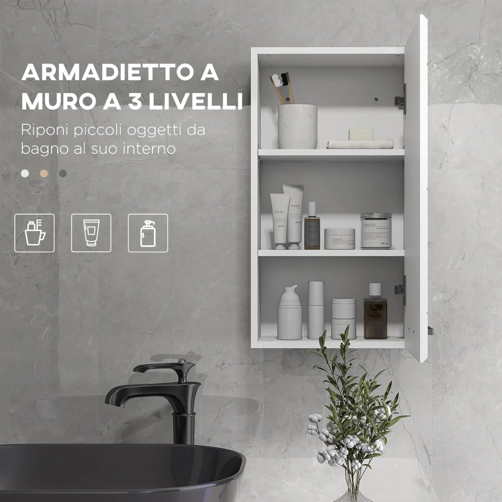 Mobiletto Bagno in MDF a 3 Ripiani con Ripiano Superiore Regolabile, Armadietto Bagno con Montaggio a Parete, 37x22.5x70 cm, Bianco Lucido