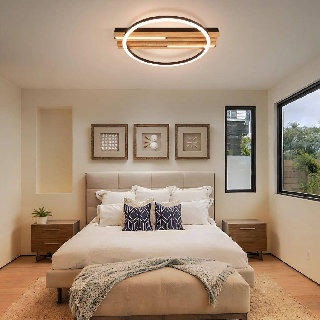 ZMH Lampada da Soffitto LED Legno 24W 38cm Luce Calda Nero Anello Moderna per Camera da Letto Soggiorno