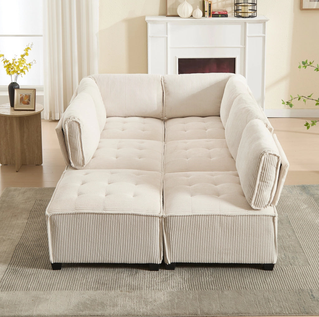 Divano modulare 6 posti in velluto a coste beige