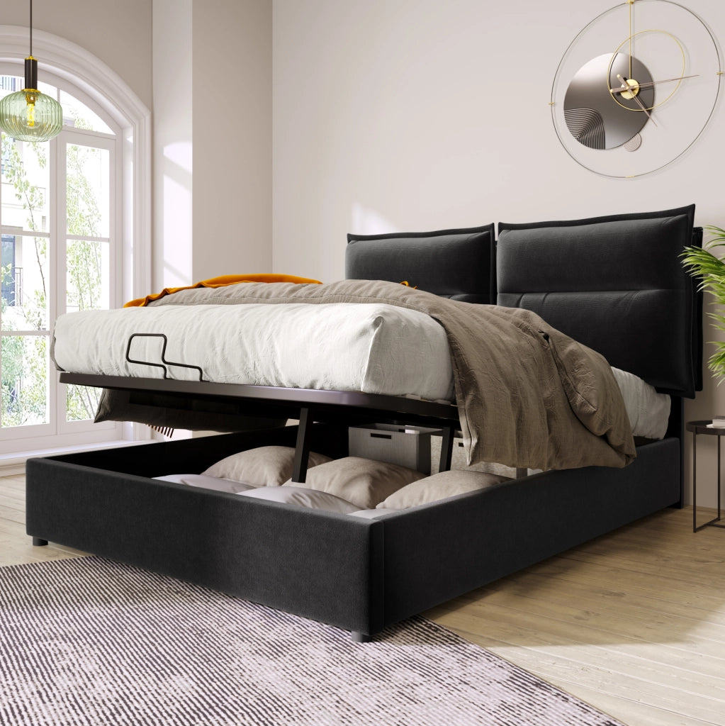 Letto matrimoniale 140x200 cm con contenitore e testiera regolabile; velluto nero