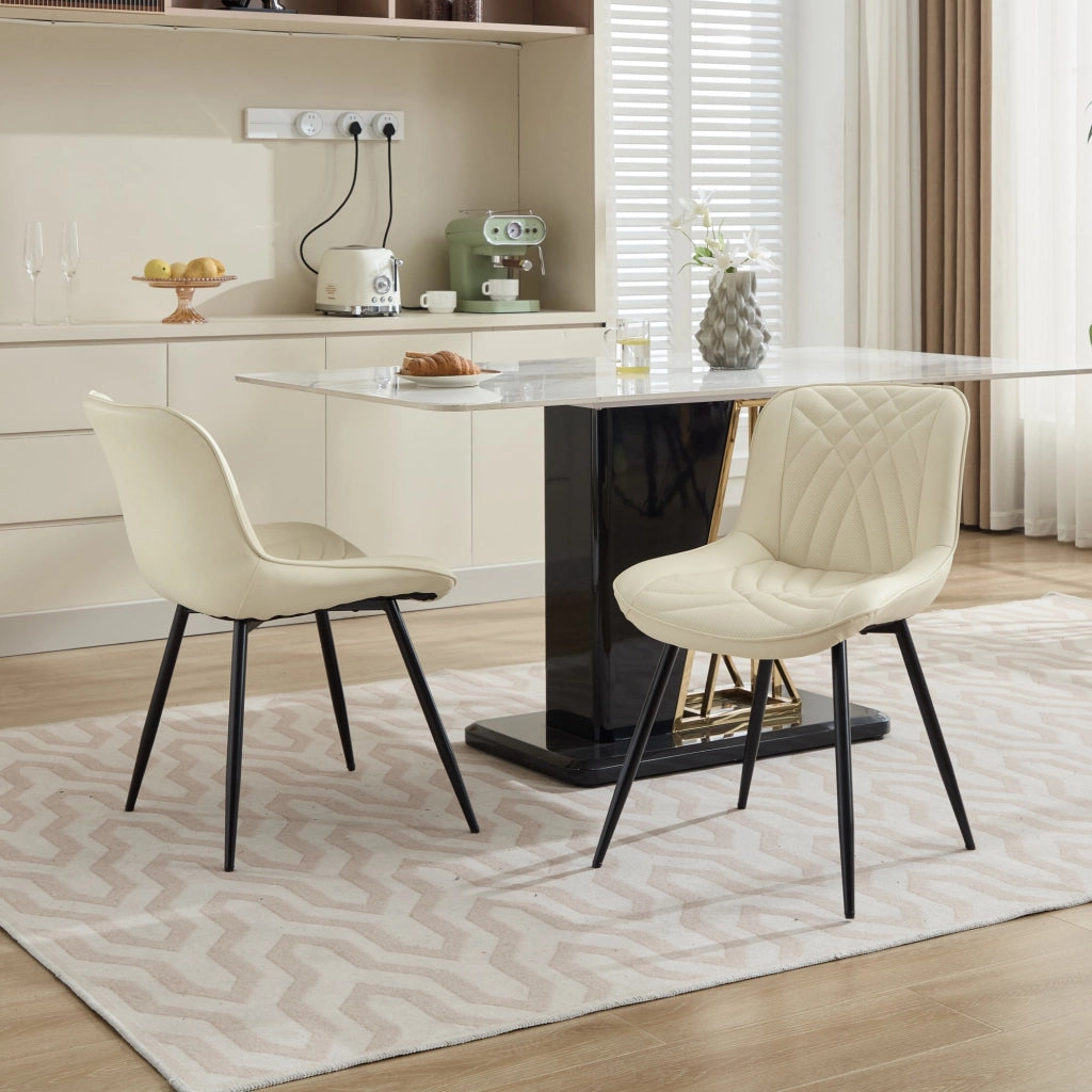 Sedia da pranzo, set da 2, ecopelle, motivo trapuntato 3D, gambe in metallo, bianco crema
