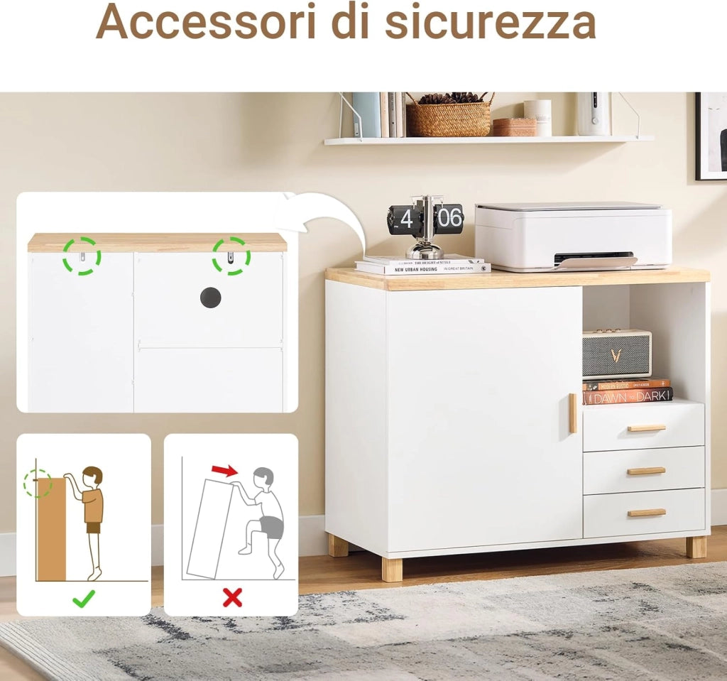 Cassettiera Ufficio Mobiletto Salvaspazio con 3 Cassetti e 1 Vano Aperto Supporto Stampante Schedario da Ufficio Cassettiera da Scrivania Bianco e Naturale 90x45x75cm ASK07-WN