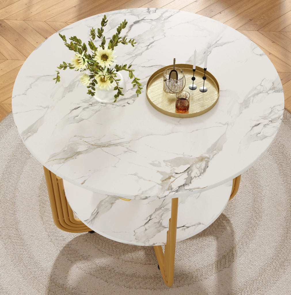 Tavolo da pranzo rotondo 80x80x76 cm con piano effetto marmo in MDF; oro