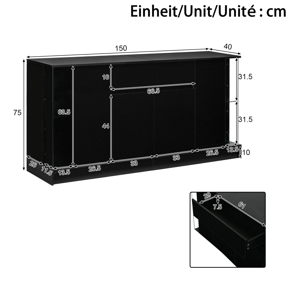 Credenza moderna con 2 vetrine in vetro; LED con app; 150x40x75 cm; nero