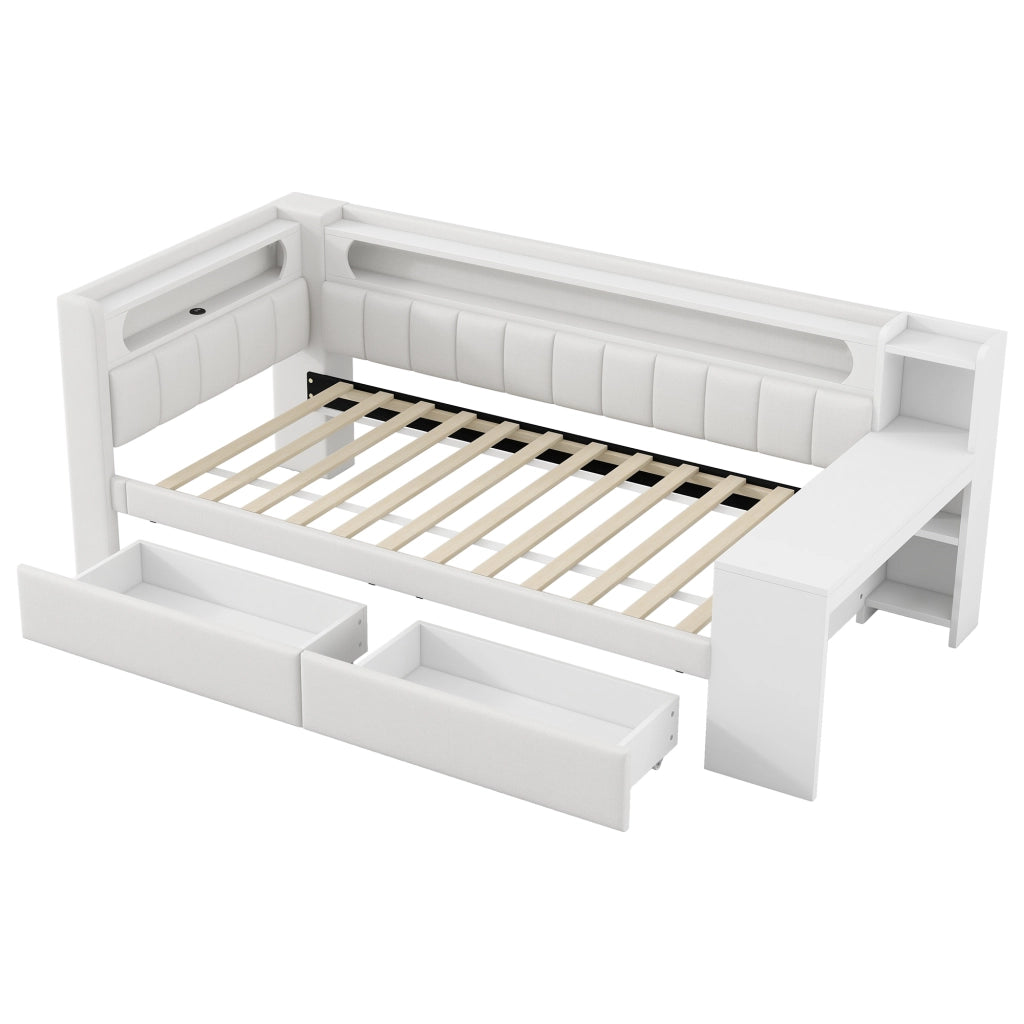 Letto a Divanetto 90x200 cm; Letto Singolo - USB; Scrivania; 2 Cassetti e LED - Bianco