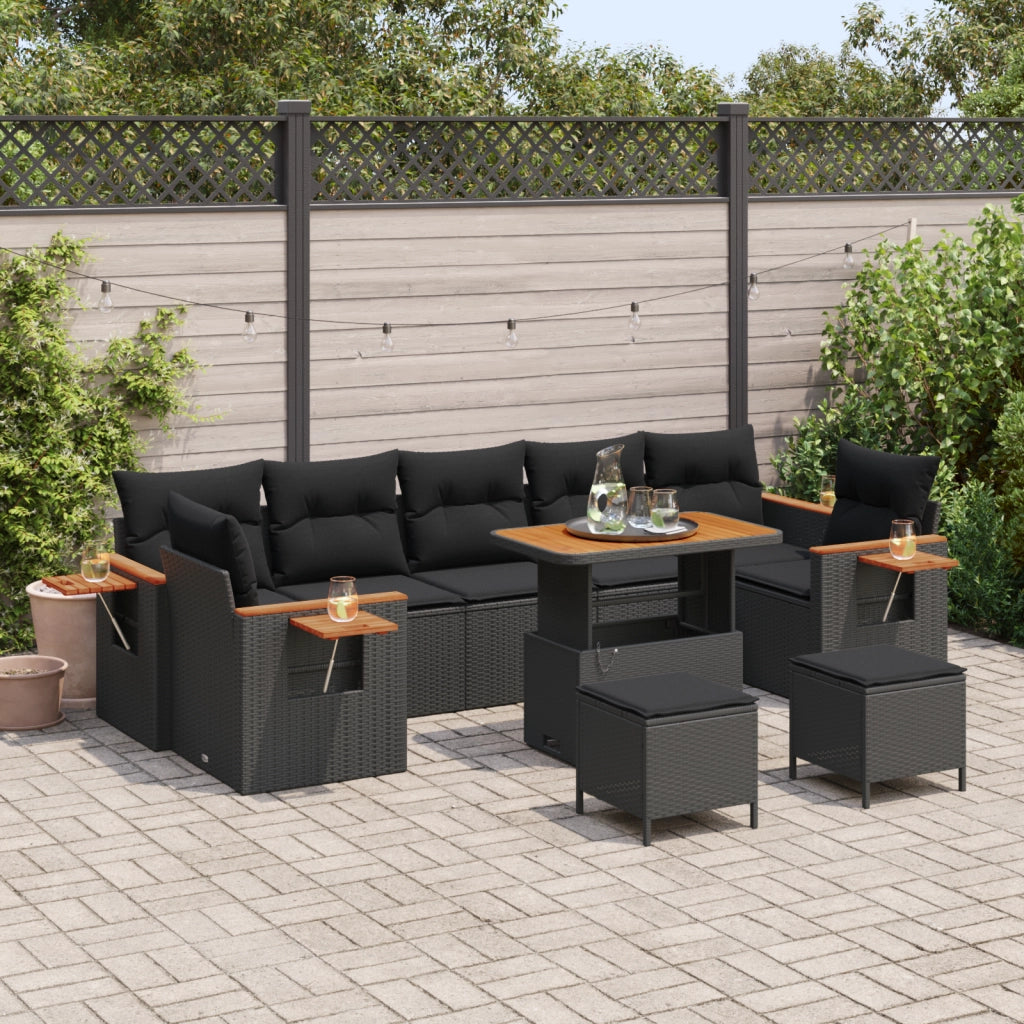 Set Divano da Giardino da 10 Pezzi con Cuscini in Polyrattan Nero e Acacia