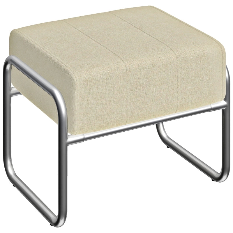 Pouf poggiapiedi imbottito in tessuto Chenille beige con struttura in acciaio, 49×43×28 cm