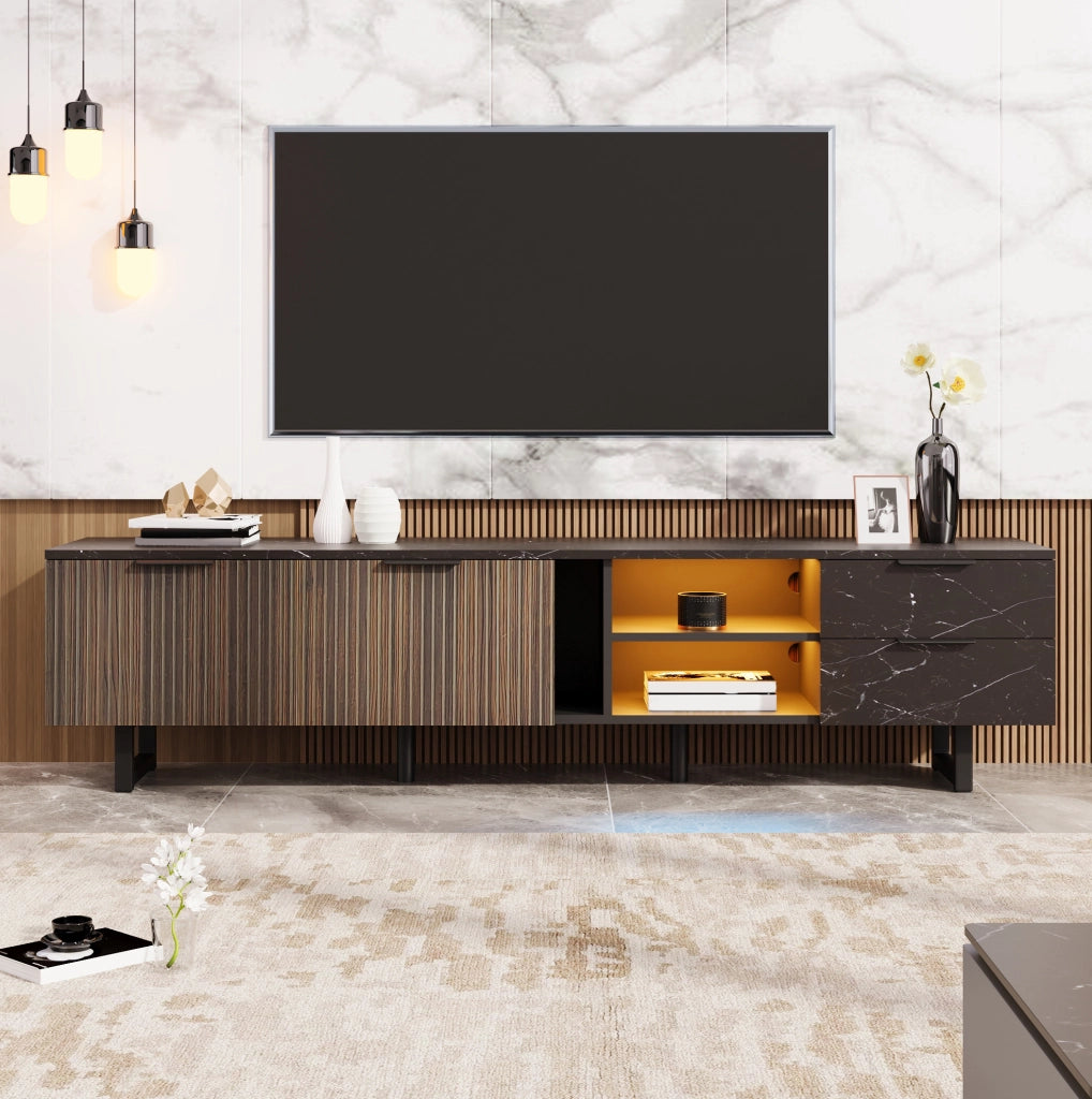 Mobile TV 200 cm con finitura marmo nero e LED multicolore