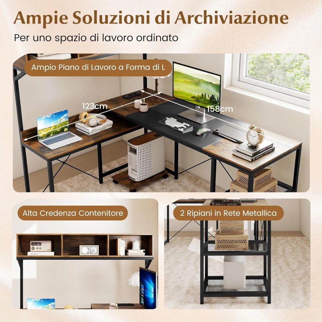 Scrivania Angolare con Stazione di Ricarica, Scrivania ad Angolo Salvaspazio con Scomparti, Ripiani e Supporto CPU Mobile, Postazione di Lavoro Gaming Reversibile per Casa e Ufficio