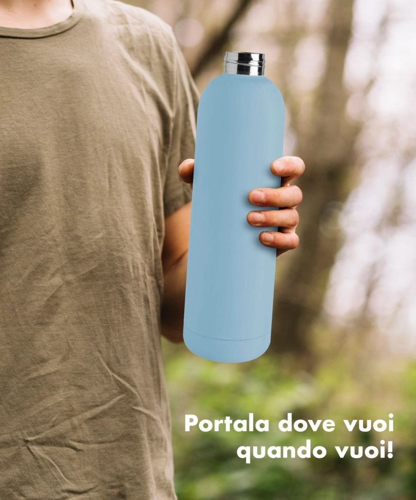Borraccia Termica 1 Litro Bottiglia Acciaio Inox Inossidabile Doppio Strato 1000 Ml Tappo Antigoccia Doppia Camera Bevande Calde Fredde Termos Sistema Sottovuoto Rivestimento Soft Touch  - Azzurro