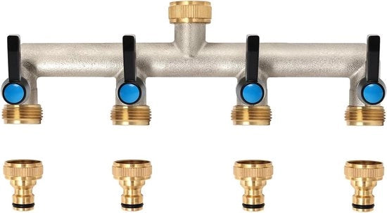 Distributore d'acqua con maniglia allungabile - ottone - 3/4 pollice - rubinetti di chiusura individuali - 4 vie - adattatore 1/2 pollice - per dispositivi - tubi da giardino