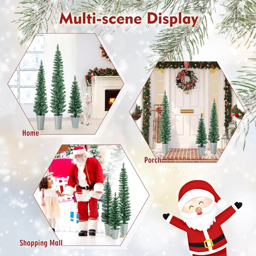 Set di 3 Albero di Natale Artificiale in Vaso con Alberi Finti da 90/120/150 cm, Alberi di Natale Sottili a Matita con Secchi in Metallo Argentato, Decorazione Festiva (Verde)