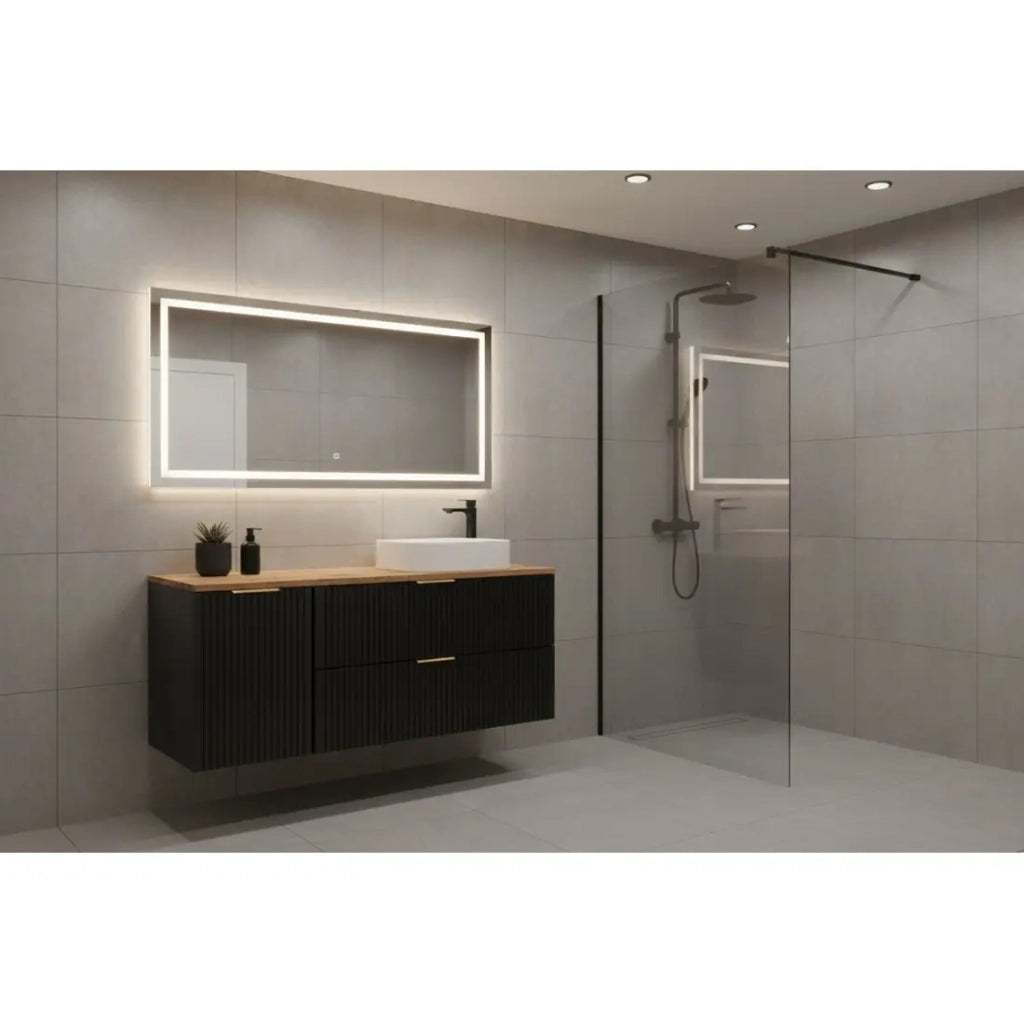 Mobile sottolavabo NOXERA 120 cm – Nero opaco & rovere – 2 cassetti + cesto per la biancheria + piano per lavabo