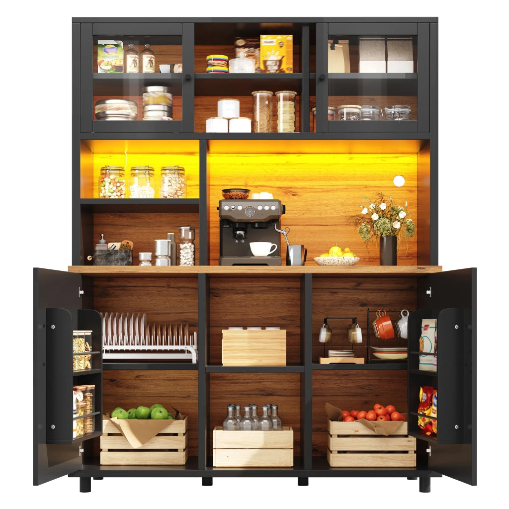Armadio Alto con Ante Scorrevoli e Ripiani ¨C MINIMAL ¨C Nero con Venatura Legno, 185cm, LED