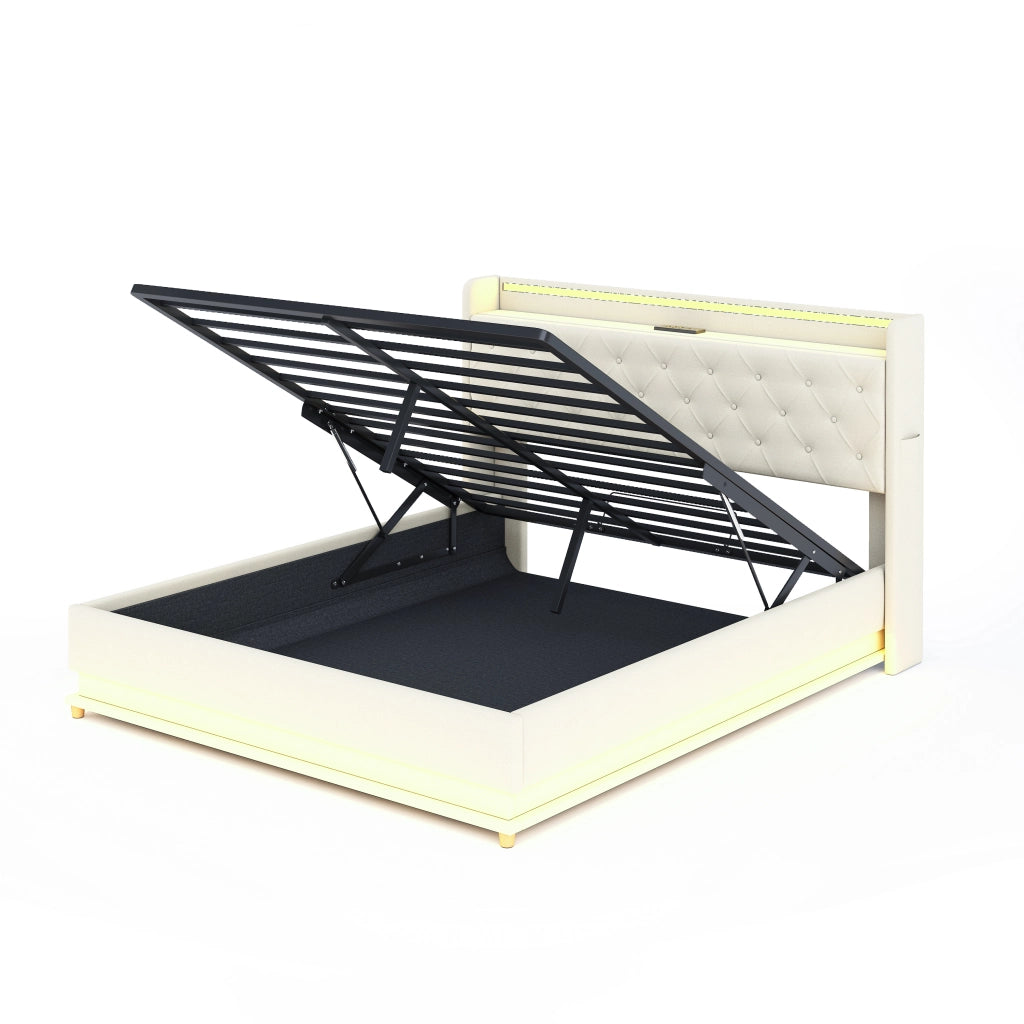 Letto Contenitore 160x200 cm; USB; LED Multicolore e in Tessuto Imbottito Beige
