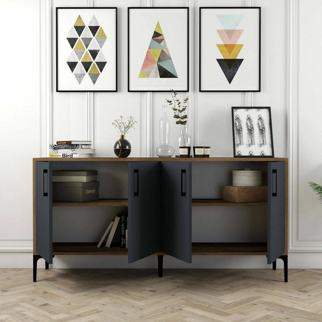 Credenza Soraya, Buffet da soggiorno, Madia da salotto, Dispensa da cucina, 160x35h78 cm, Noce e Antracite