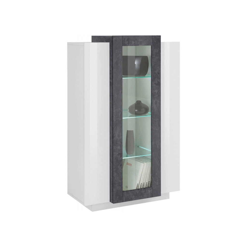 Vetrina moderna con anta a Ablaze, Made in Italy, Mobile vetrinetta da soggiorno, cm 80x38h121, Bianco lucido e Grigio Cenere, con luce LED bianca