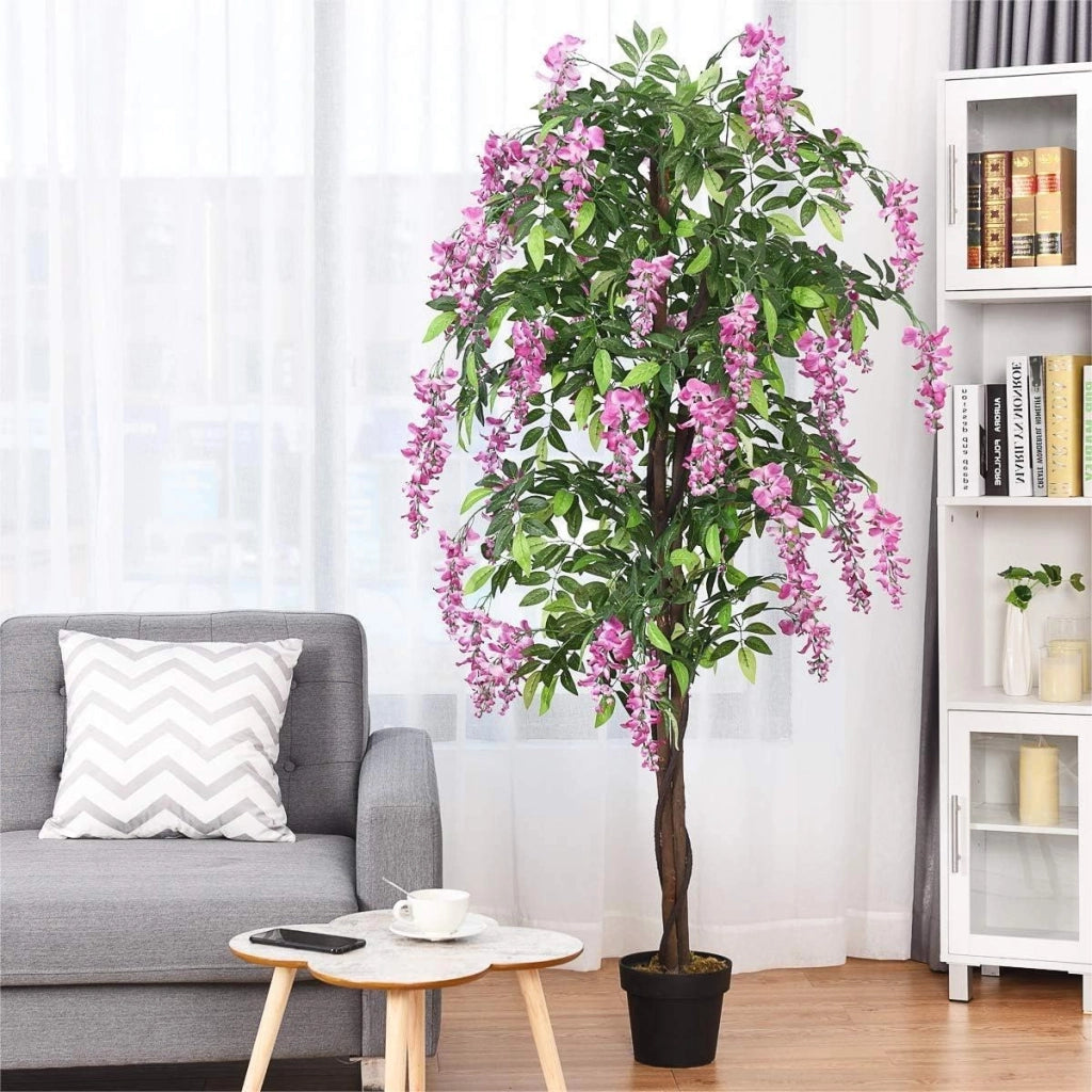 Pianta artificiale Wisteria, albero artificiale con foglie e 2 tronchi, fiori artificiali in vaso, piante decorative, 180 cm