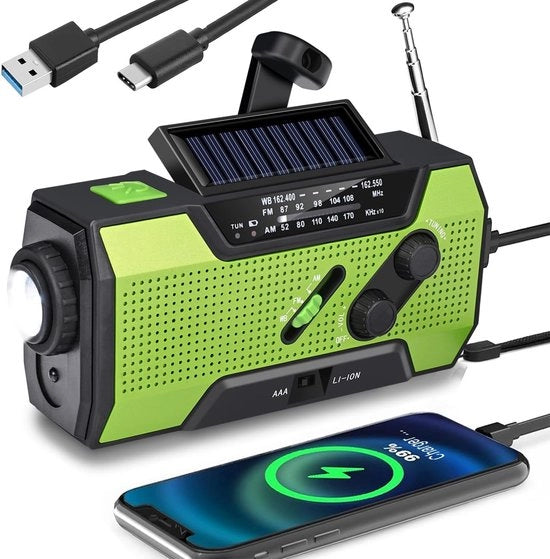Radio di emergenza - radio solare e a batteria ricaricabile - kit di emergenza - radio portatile - radio ricaricabile - 2000mAh - verde