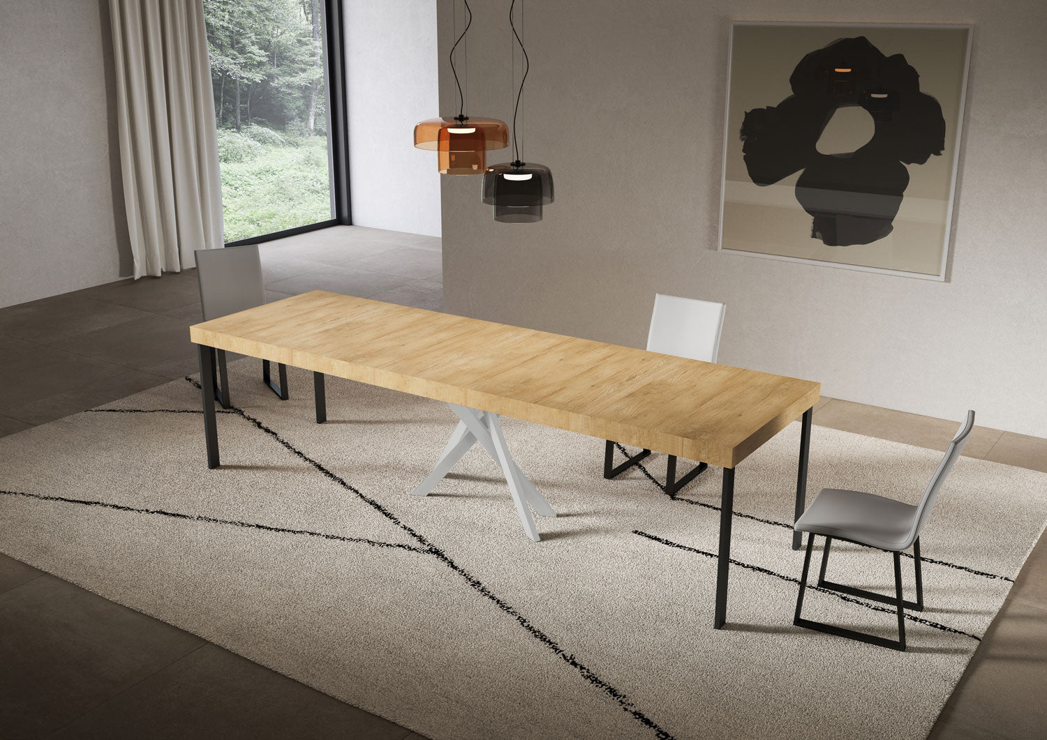 Consolle Allungabile 90-300x40x77 cm Saki Premium Quercia Natura Gambe Bianche