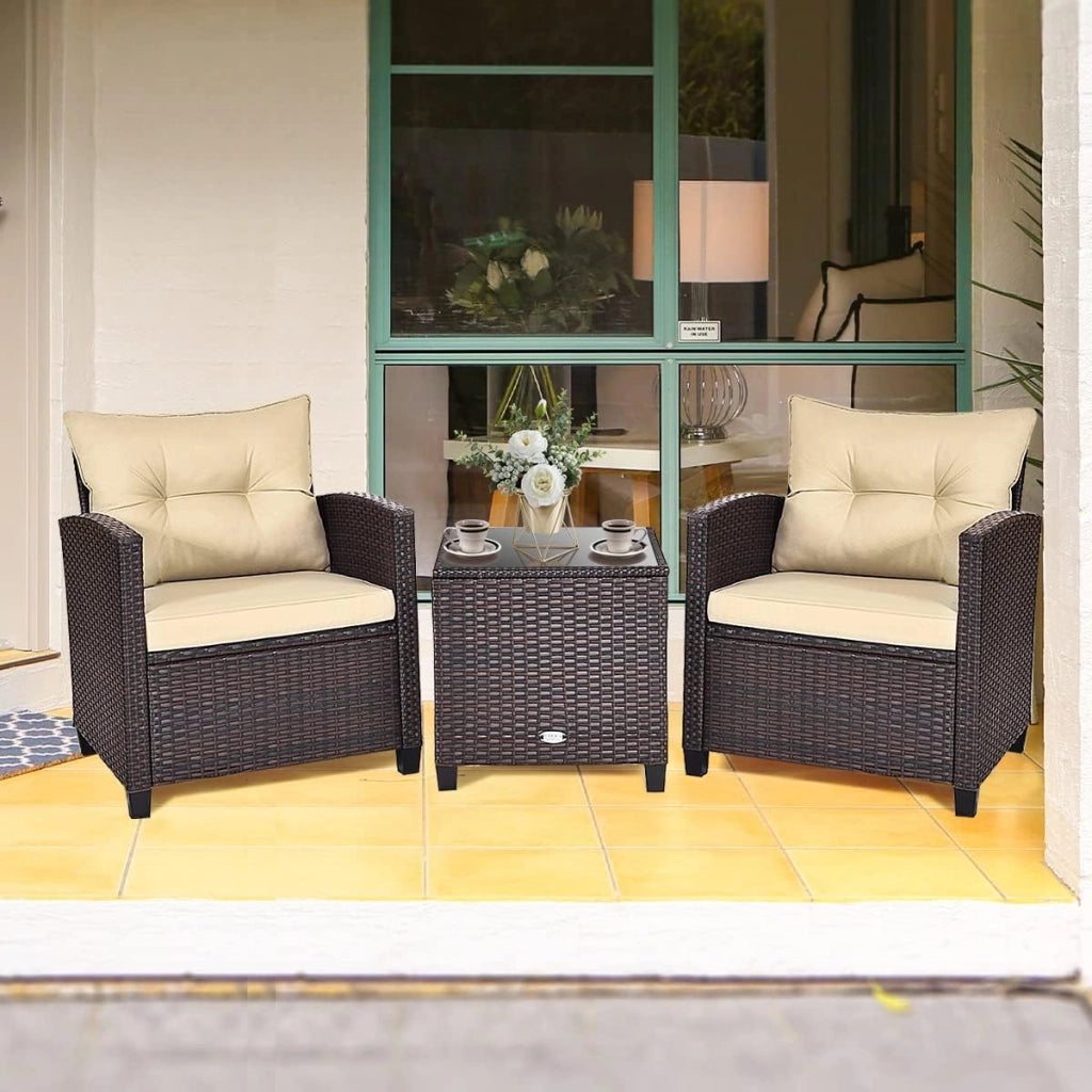 Set di Mobili da Giardino, in Rattan, 3 Pezzi Mobiletti, 1 Tavolino + 2 Poltrone, Salottino da Esterno, con Cuscini per Balcone, Giardino, Cortile, Terrazza, 3 Colori (Marrone)