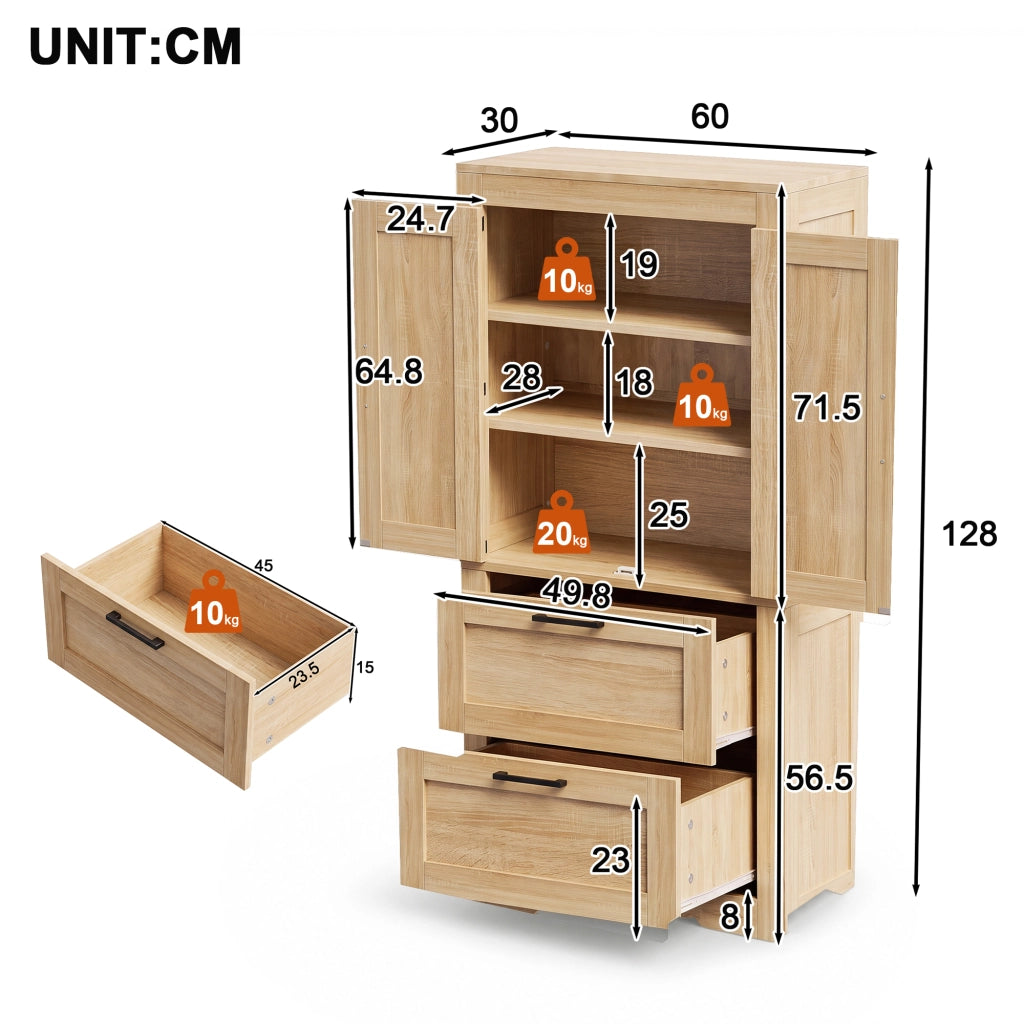 Credenza alta in stile rustico con 2 cassetti, ripiani regolabili e struttura in MDF, colore naturale