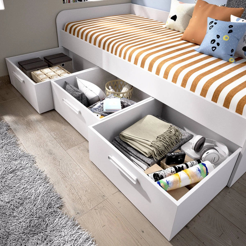 Letto per bambini Aco, Lettino contenitore per cameretta, Struttura per letto singolo con 3 cassettoni, 194x97h60 cm, Bianco