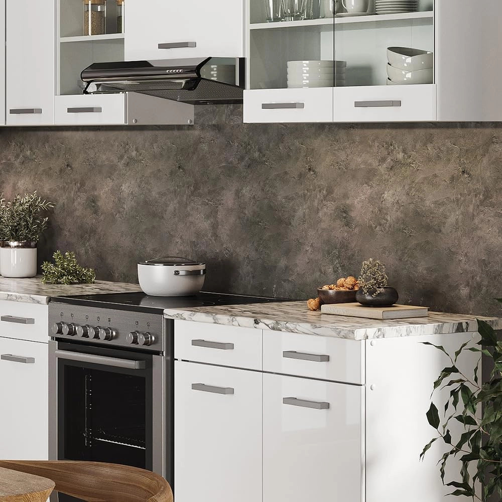 Cucina ad angolo Rick, Bianco lucido/bianco, 270 x 60 cm, PL Marmo, con moduli combinabili in modo variabile e piedi regolabili in altezza
