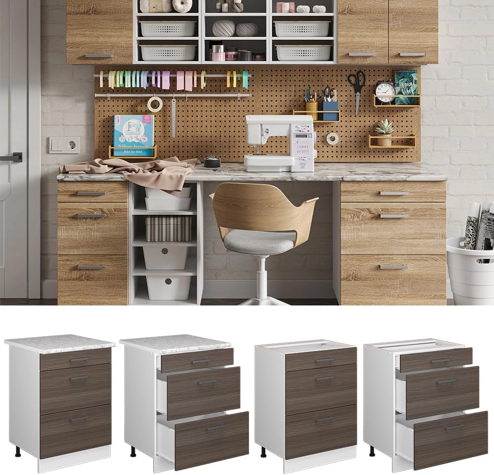 Base universale R-Line, Grigio, 60 cm con cassetti, senza piano di lavoro, adatto per la conservazione di accessori per la pulizia e per la casa