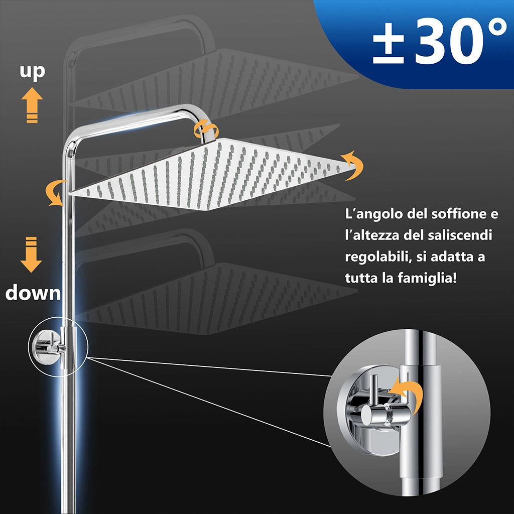 Miscelatore termostatico doccia con soffione 30x30cm e doccetta 25x10cm, colonna doccia cilindra cromo